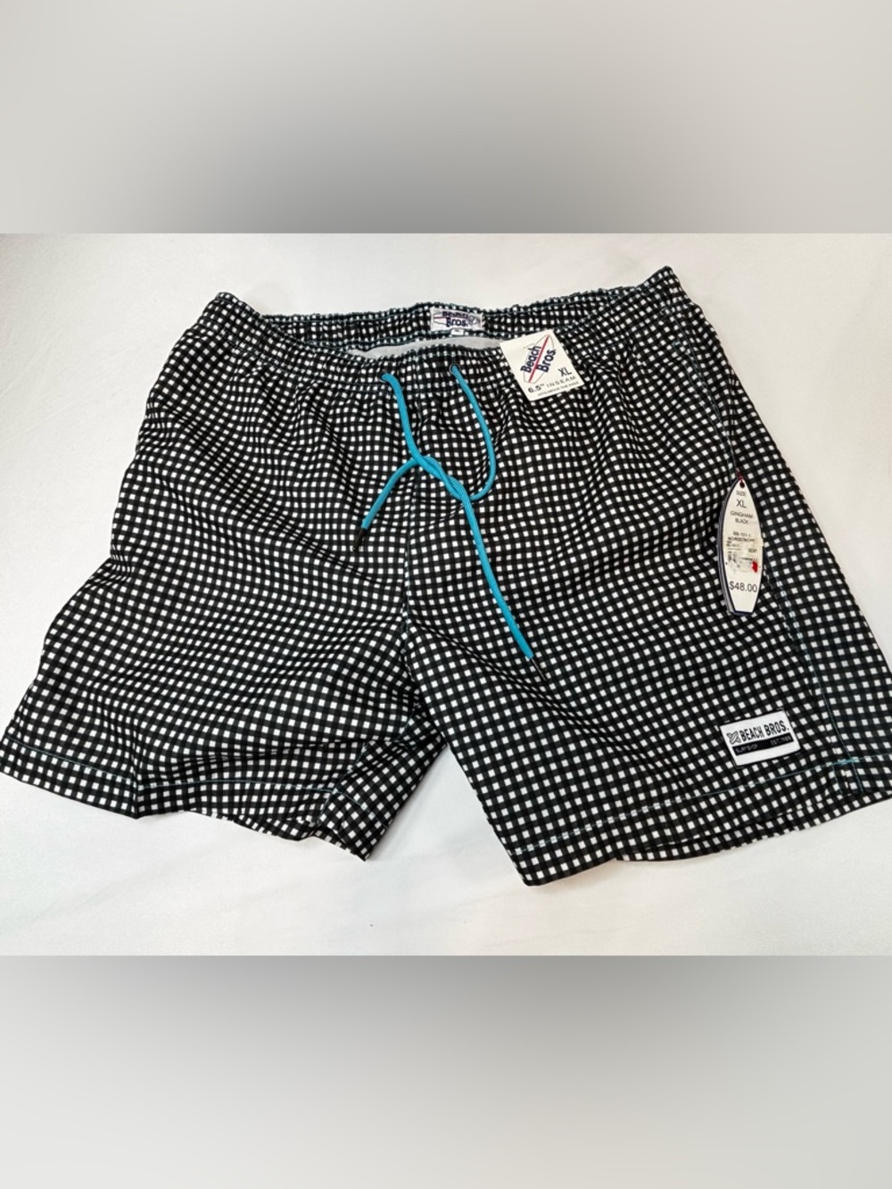 Beach Bros Men’s Black & White Gingham Swim Shorts with Blue Drawstring XL